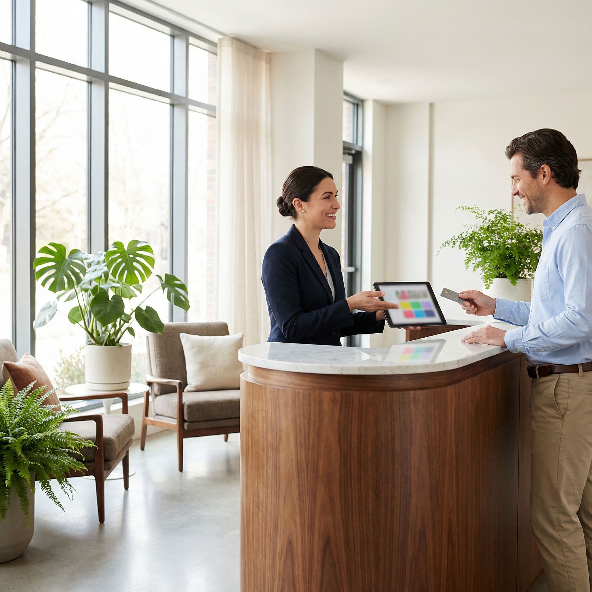 Réceptionniste d'hôtel utilisant un système de marketing automation sur tablette