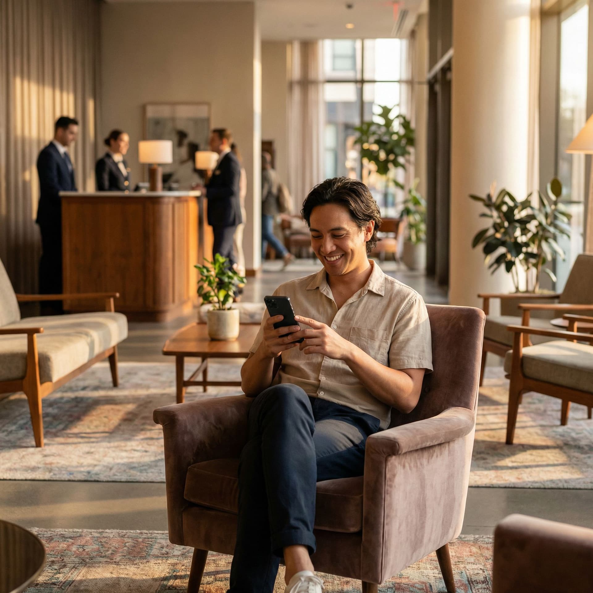 Client satisfait dans le lobby d'un hôtel moderne