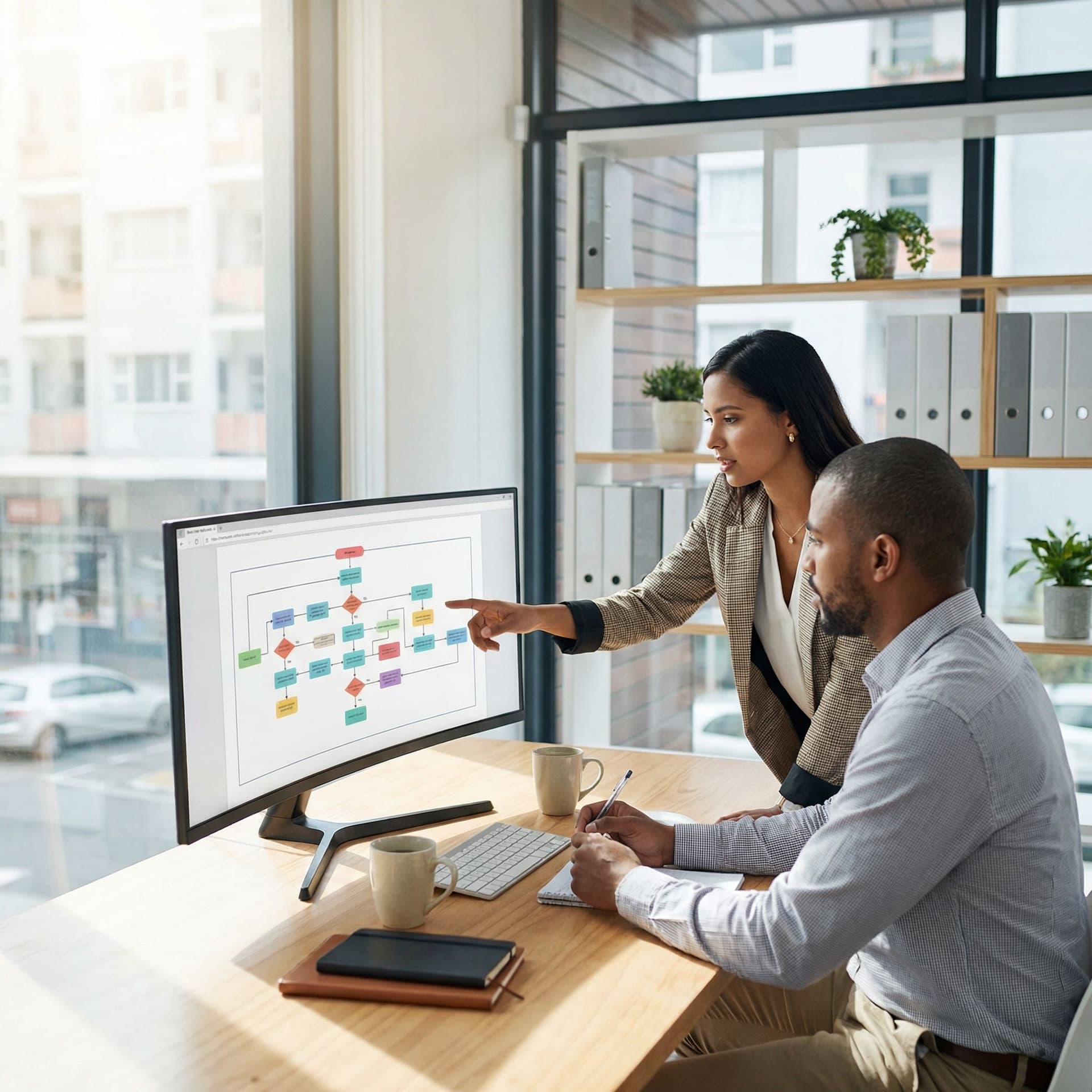 Équipe hôtelière configurant des workflows sur ordinateur