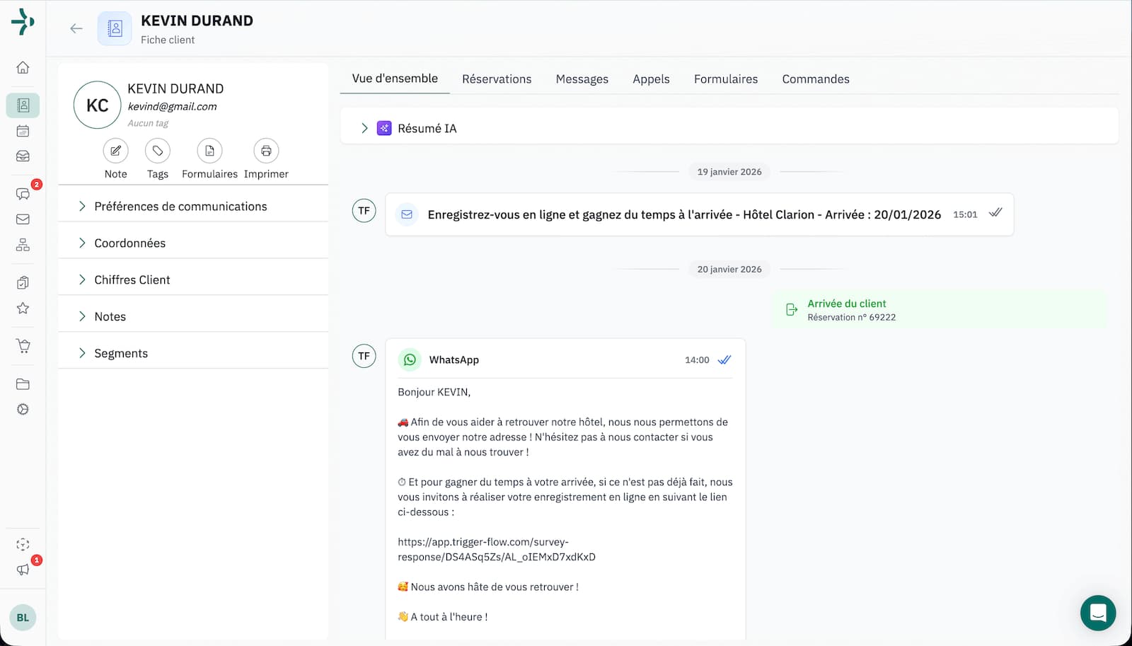 TriggerFlow - Fiche client CRM hôtelier